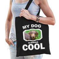 Teckel honden tasje zwart volwassenen en kinderen - my dog serious is cool kado boodschappentasje - thumbnail