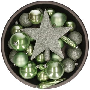 Set van 33x stuks kunststof kerstballen met ster piek salie groen mix - Kerstbal