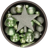 Set van 33x stuks kunststof kerstballen met ster piek salie groen mix - Kerstbal - thumbnail