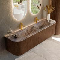Badmeubel Mondiaz Kurve-Dlux | 170 cm | Meubelkleur Walnut | Wastafelkleur Sombra | Solid surface | Wasbak beide zijden spoelbak | 2 kraangaten