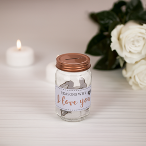 Glazen Weckpot 'Reasons why I love you' - Met 50 mini hartjes - Ca. 12 x 7,5 cm - Valentijns cadeau - Liefdes geschenk