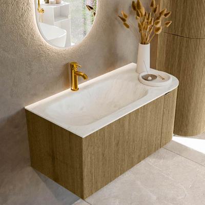 Badmeubel Mondiaz Kurve-Dlux | 95 cm cm | Meubelkleur Dusk | Wastafelkleur Opalo | Solid surface | Wasbak links zijde spoelbak | 1 kraangat
