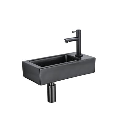 QeramiQ Fuente Fonteinset - 37.5x18.5x9cm - keramiek - kraangat rechts - fonteinkraan zwart mat - afvoerplug - verlaagd sifon - Mat Zwart SW1122447/SW696205/SW696215/SW696235