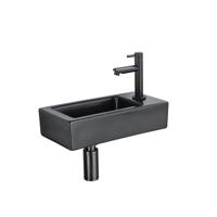 QeramiQ Fuente Fonteinset - 37.5x18.5x9cm - keramiek - kraangat rechts - fonteinkraan zwart mat - afvoerplug - verlaagd sifon - Mat Zwart SW1122447/SW696205/SW696215/SW696235