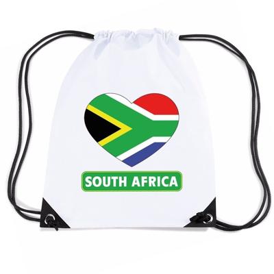 Zuid Afrika thema sporttas - nylon rijgkoord rugzak - wit met hartjes vlag print - supporters