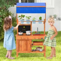 Modderkeuken Houten Rollenspelkeuken met in Hoogte Verstelbare Luifel Krijtbord Plantenbakken Kookplaten Gootsteen Oven Buitenkeuken