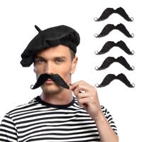 Carnaval verkleed snorren - 6x - fransman - met krullen - zwart - zelfklevende namaak snor