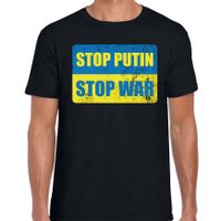 Stop putin stop war t-shirt zwart heren - Oekraine shirt met Oekraiense vlag