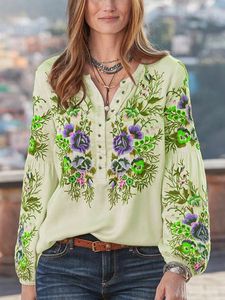 Casual Floral V Neck Long Sleeve Blouse