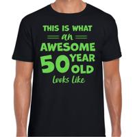 Cadeau T-shirt voor heren - leeftijd 50 jaar - awesome - zwart - glitter groen - Abraham Cadeau T-shirt voor heren - leeftijd 50 jaar - awesome - zwart - glitter groen - Abraham