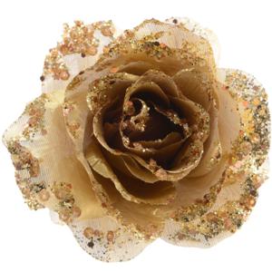 Decoratie roos - op clip - goud - 14 cm - kunststof - kerstbloemen - kerstboomversiering