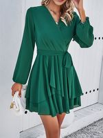 V Neck Casual Loose Plain Dress With No - thumbnail