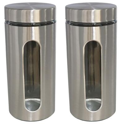 Voedsel bewaren keuken voorraad pot - 2x - zilver metaal - deksel - 1300 ml