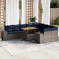 10-delige Loungeset met kussens poly rattan grijs