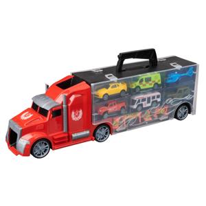 Vrachtwagen met 5 auto's + 1 helikopter