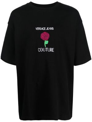 Versace Jeans Couture t-shirt en coton à fleurs brodées - Noir