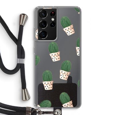 Cactusprint roze: Samsung Galaxy S21 Ultra Transparant Hoesje met koord