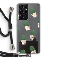 Cactusprint roze: Samsung Galaxy S21 Ultra Transparant Hoesje met koord