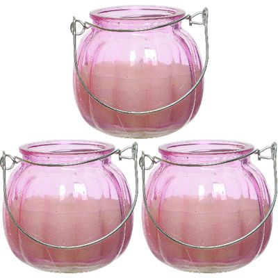 3x citronella kaarsen in glas - 15 branduren - D8 x H8 cm - roze
