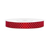 1x Rood satijnlint met witte stippen rollen 1,2 cm x 25 meter cadeaulint verpakkingsmateriaal - Cadeaulinten - thumbnail