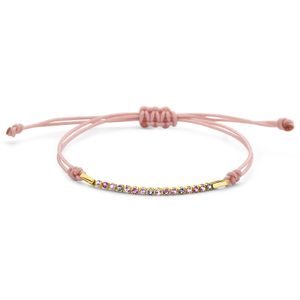 Armband geelgoud-satijn-kleurstenen goudkleurig-roze-meerkleurig 16-18 cm