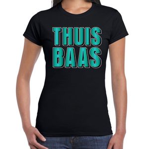 Thuis baas t-shirt zwart met blauwe/groene letters voor dames