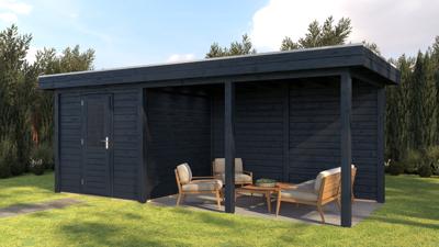 Lugarde Select Modern tuinhuis met overkapping Dordrecht 250x250cm + 400cm - Zwarte olie- Plat dak- - Lugarde Select
