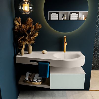 MONDIAZ RIVA 120cm badmeubel onderkast / planchet kleur Greey met 1 lade. Wastafel DULCET rechts 1 kraangat kleur Linen. MONDIAZ RIVA 120cm badmeubel onderkast / planchet kleur Greey met 1 lade. Wastafel DULCET rechts 1 kraangat kleur Linen.