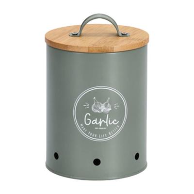 Knoflook bewaar pot/blik - metaal/hout - groen - 14 x 17 cm - voorraad pot