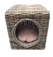 Topmast Kattenmand KUBU riet 42 x 42 x 42cm + Taupe lichtbruin gewatteerd kussen