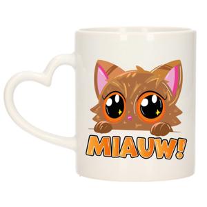 Cadeau koffie/thee mok - poes/kat - Miauw - oranje - hartjes oor - keramiek - poesje