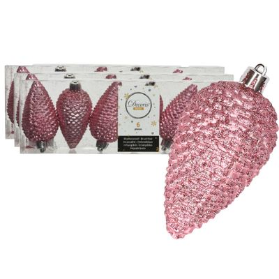 18x stuks kunststof glitter dennenappels kersthangers lippenstift roze 8 cm