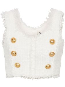 Balmain haut crop en tweed à boutons décoratifs - Blanc