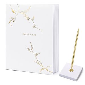 Gastenboek/receptieboek met luxe pen in houder - Bruiloft - wit/goud - 20 x 24,5 cm