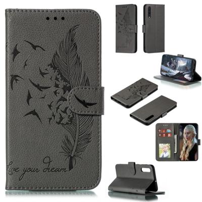 Feather patroon Litchi textuur horizontale Flip lederen draagtas met portemonnee & houder & kaartsleuven voor Galaxy A50 (grijs)
