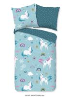 Good Morning Kinderdekbedovertrek "eenhoorns en regenbogen" - Blauw - (135x200 cm) - Katoen Flanel