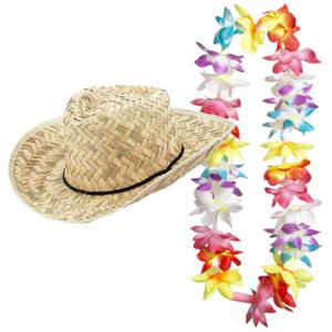 Carnaval verkleed set - Tropische Hawaii party - strohoed - met LED gekleurde bloemenslinger