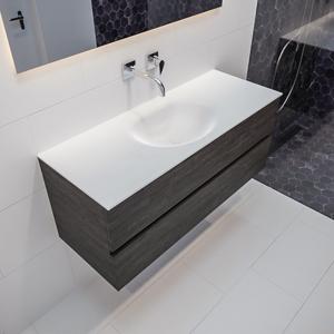 Mondiaz Vica Moon badmeubel eiken donker bruin 120 cm 2 lades solid surface enkele spoelbak midden zonder kraangat