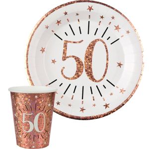 Verjaardag feest bekertjes en bordjes leeftijd - 20x - 50 jaar - rose goud - karton - Feestpakketten