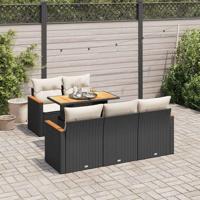 6-delige Loungeset met kussens poly rattan acacia zwart