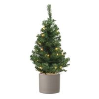 Volle mini kerstboom groen in jute zak met verlichting 60 cm en taupe pot - Kunstkerstboom