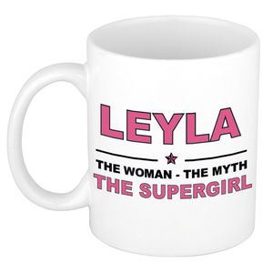 Naam cadeau mok/ beker Leyla The woman, The myth the supergirl 300 ml   -