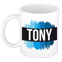 Tony naam cadeau koffie mok - beker - met blauw verfstrepen - Cadeau collega - vaderdag