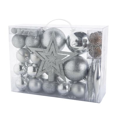 Pakket 53x st - kerstballen, ornamenten en ster piek - zilver - kunststof