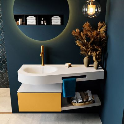 MONDIAZ RIVA 120cm badmeubel onderkast / planchet kleur Ocher met 1 lade. Wastafel DULCET links 1 kraangat kleur Talc. MONDIAZ RIVA 120cm badmeubel onderkast / planchet kleur Ocher met 1 lade. Wastafel DULCET links 1 kraangat kleur Talc.