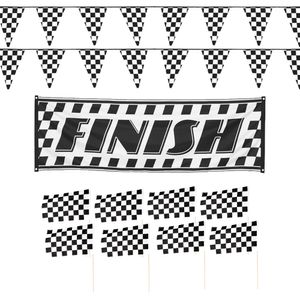 Finish/racing feest thema versiering pakket 11-delig geblokt zwart/wit