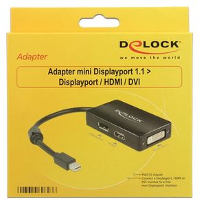 Delock 62623 DisplayPort / HDMI / DVI Adapter [1x Mini-DisplayPort stekker - 1x DisplayPort bus, HDMI-bus, DVI-bus 24+1-polig] Zwart Met Ferrietkern 16.00 cm