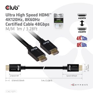 CLUB3D Ultra High Speed HDMI 4K120Hz, 8K60Hz Certified Cable 48Gbps M/M 1 m/3.28 ft 1Meter
