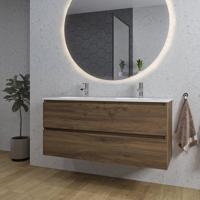 Saniclass Chaci Badkamermeubelset - 120x46x55cm - keramische wastafel wit - 2 ovale wasbakken - 2 kraangaten - 2 lades - ronde spiegel met verlichting - noten (hout) SW1212779/SW718719/SW161923