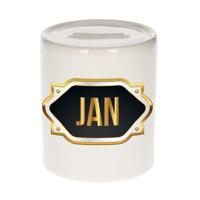 Spaarpot met voornaam Jan - wit - goud/zwart embleem - 8 x 9 cm - keramiek - afsluitdop